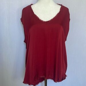 NWT Olivaceous V Neck Sleeveless Blouse Size L Dark Red Business Casual Raw Hem